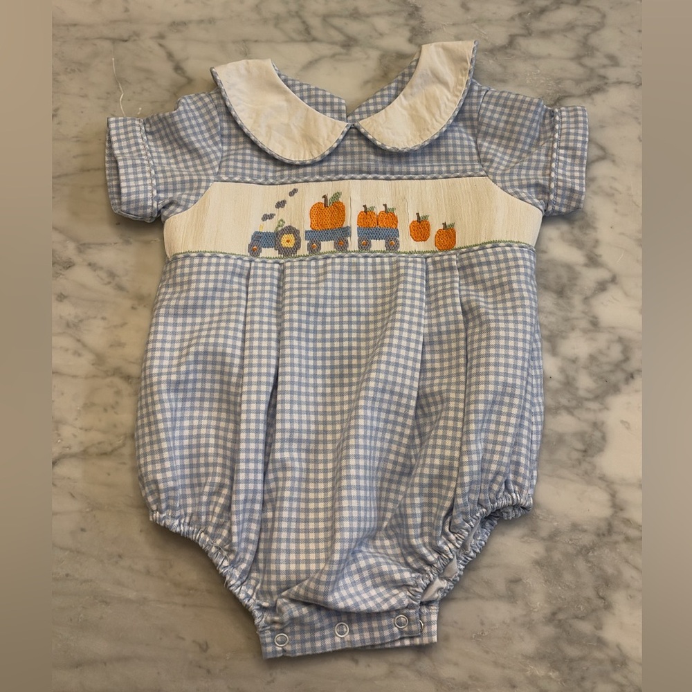 Blue Gingham Baby Romper with Pumpkin Tractor Embroidery